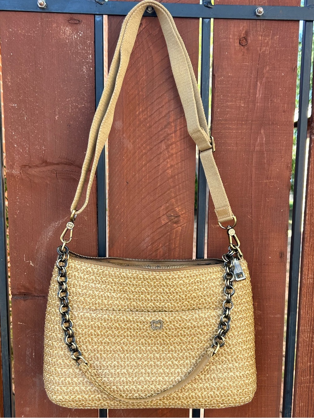 Eric Javits tan  Woven Straw Convertible Crossbody Shoulder Chain Strap Bag